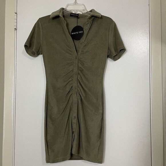 NWT WHITE FOX island escape mini khaki green button front cinch dress size small - Picture 2 of 6